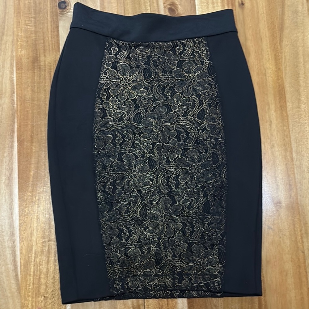 Elegant Black Pencil Skirt with Gold Lace Panel